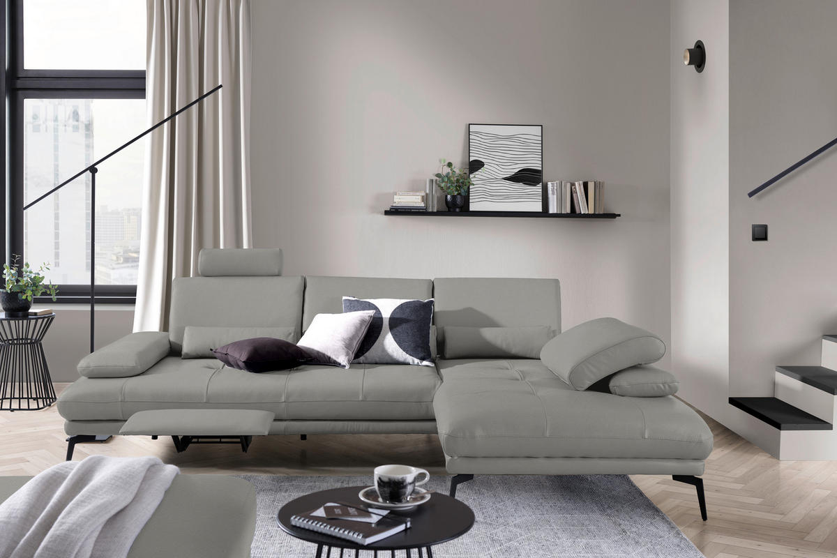 ECKSOFA in Echtleder Grau  273/187 cm  - Schwarz/Grau, Design, Leder/Metall (273/187cm) - Celina Home