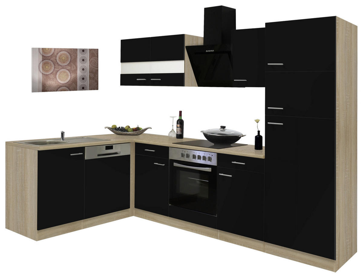 ECKKÜCHE 172/280 cm  in Schwarz, Eichefarben  - Eichefarben/Schwarz, Basics, Glas/Holzwerkstoff (172/280cm) - Respekta