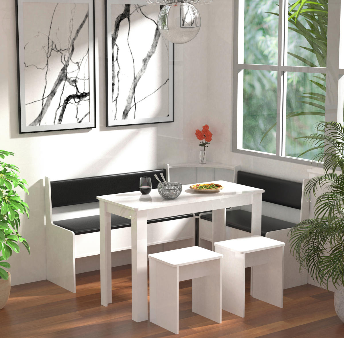 SITTGRUPP MED HÖRNBÄNK i trämaterial vit  - vit, Modern, trämaterial (153/115cm) - MID.YOU