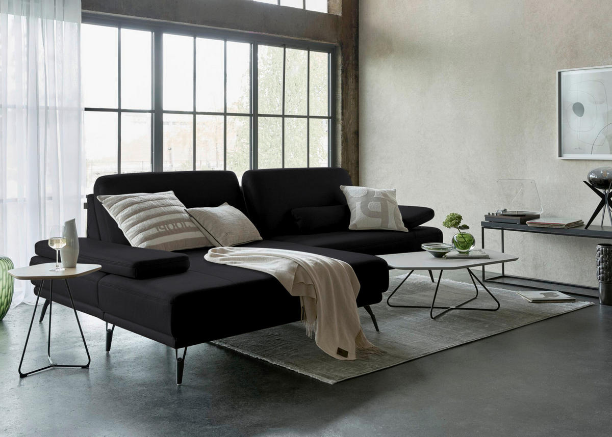 ECKSOFA Echtleder Schwarz  - Schwarz, Konventionell, Leder/Metall (180/301cm) - Joop!