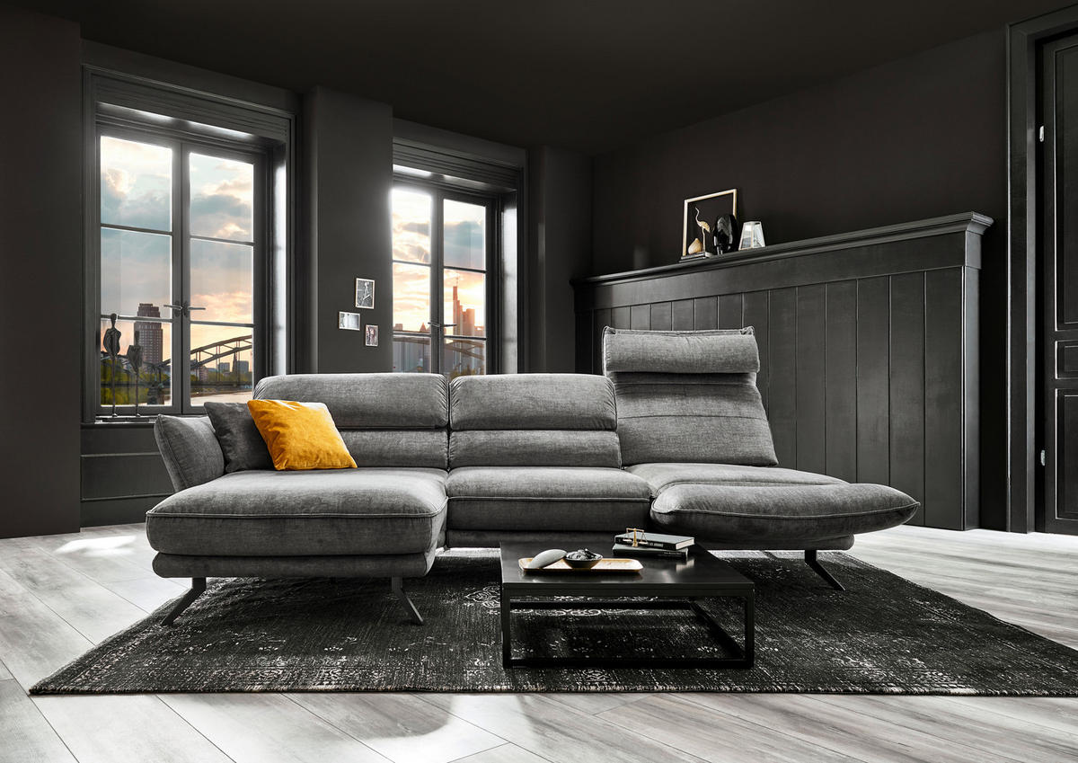 ECKSOFA in Velours Silberfarben  - Silberfarben/Schwarz, Design, Textil/Metall (153/283cm) - Valdera