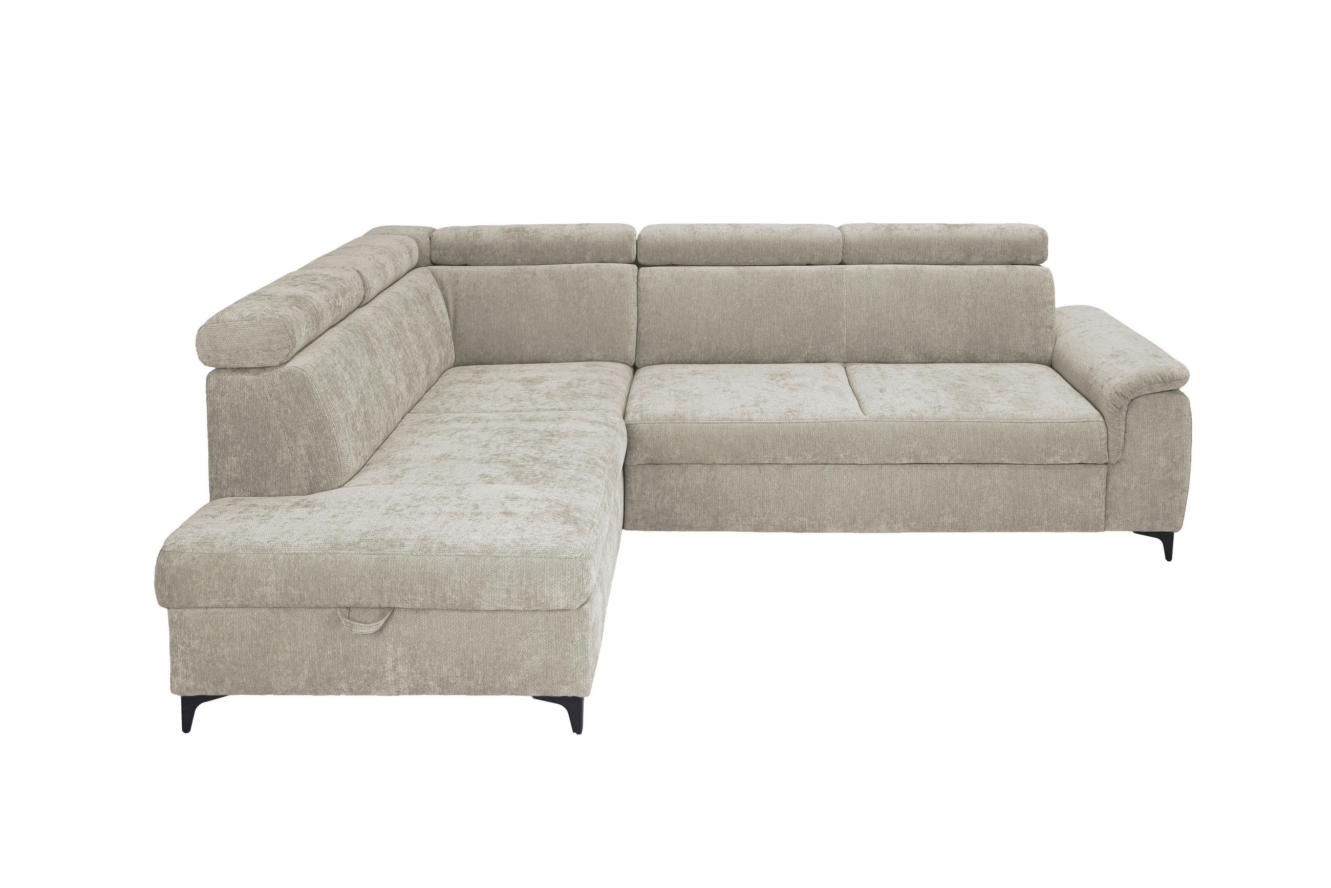 ECKSOFA Naturfarben Chenille Bettkasten, Schlaffunktion, Rücken echt, Kopfteilverstellung, Liegefläche im Originalstoff  - Schwarz/Naturfarben, KONVENTIONELL, Textil/Metall (206/265cm) - Carryhome