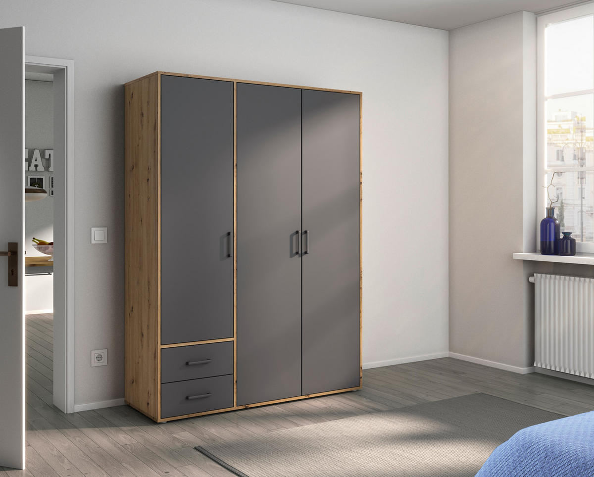 DREHTÜRENSCHRANK in Grau, Eiche Artisan  - Eiche Artisan/Grau, Modern, Holzwerkstoff/Kunststoff (140/194/53cm) - Rauch Möbel