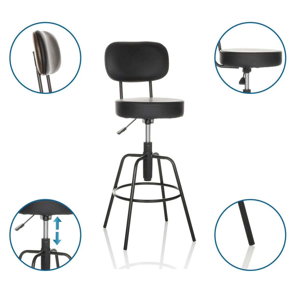 BARHOCKER Lederlook Schwarz Sitzfläche 360° drehbar  - Schwarz, Basics, Leder/Metall (43/103-113/43cm) - MID.YOU