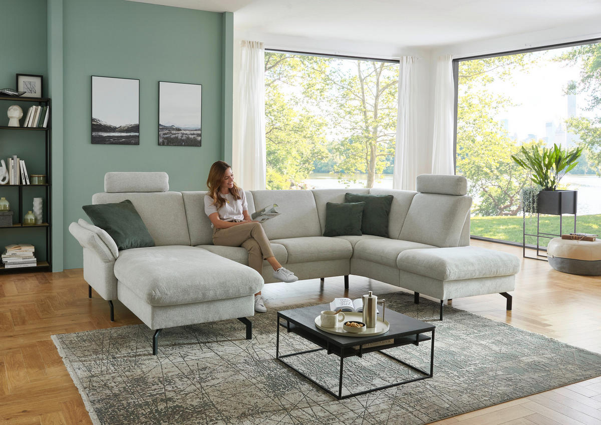 WOHNLANDSCHAFT Flachgewebe Ecru  - Ecru/Schwarz, Konventionell, Textil/Metall (170/307/190cm) - Beldomo Comfort