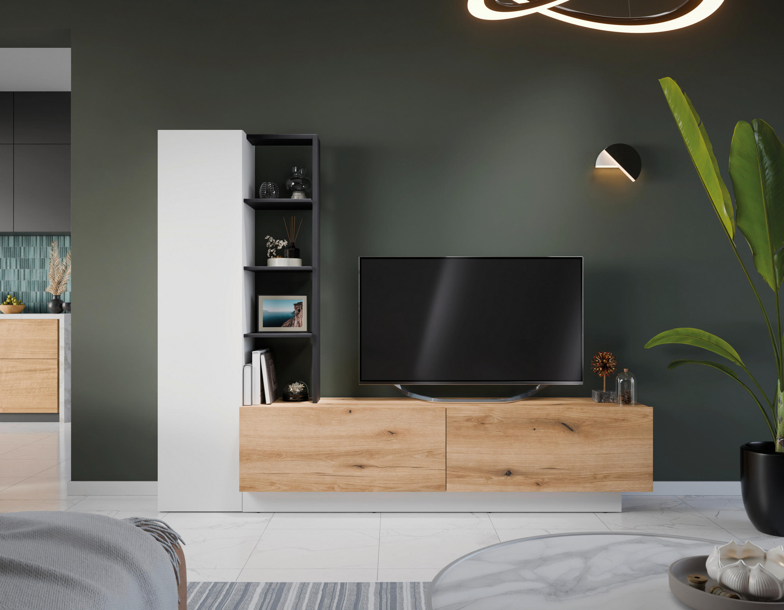 Wohnwand Tevisa B: 230 Cm Alpinweiss/eichefarben