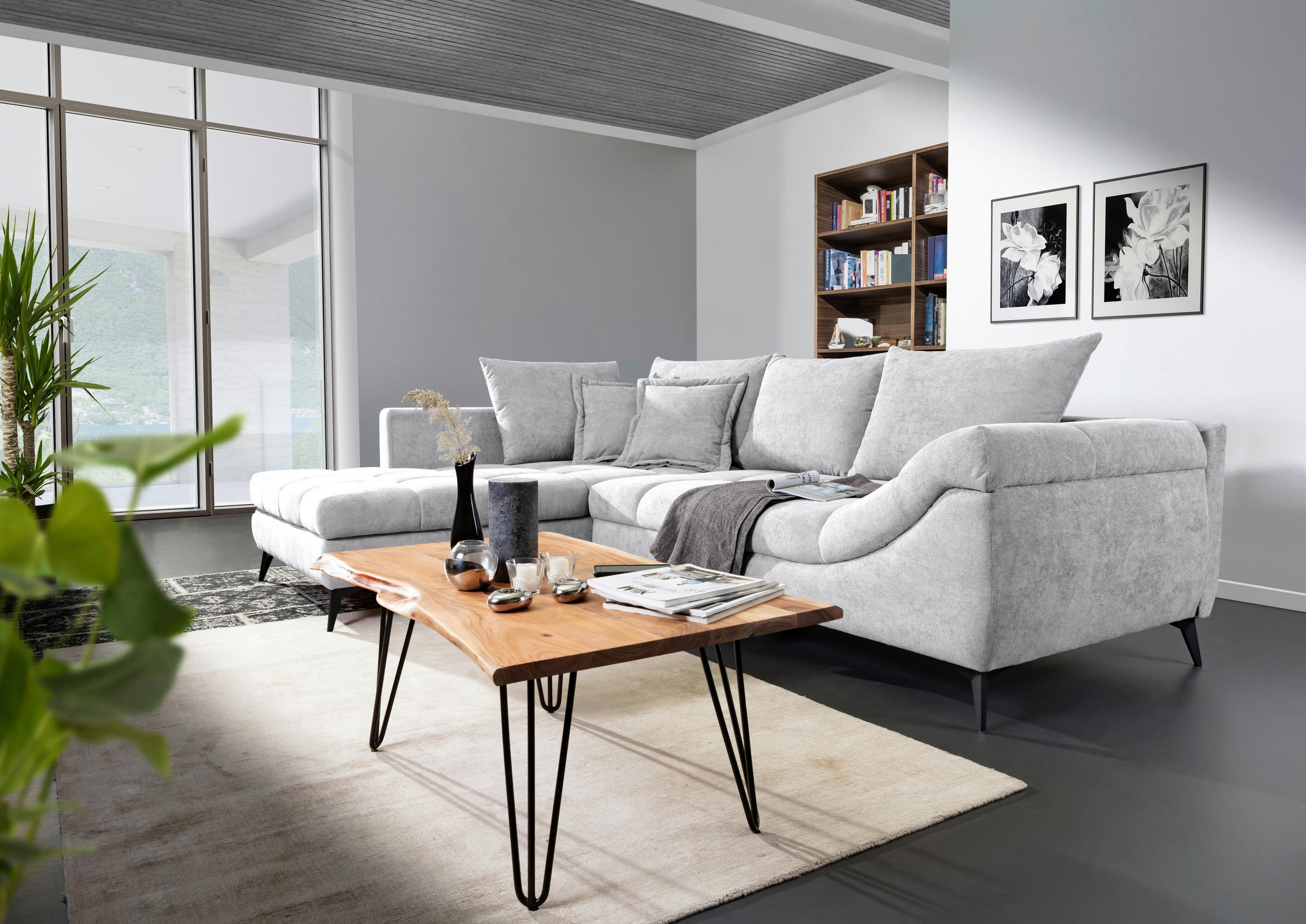ECKSOFA Grauweiß Flachgewebe  - Grauweiß/Schwarz, Design, Textil/Metall (224/307cm) - Stylife