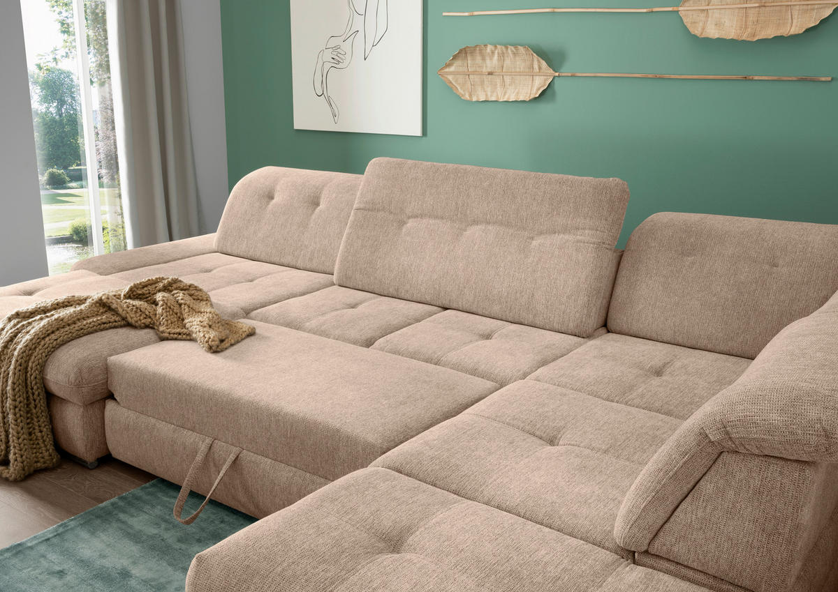 WOHNLANDSCHAFT in Chenille Hellbraun  - Chromfarben/Hellbraun, Design, Textil/Metall (195/376/254cm) - Livetastic