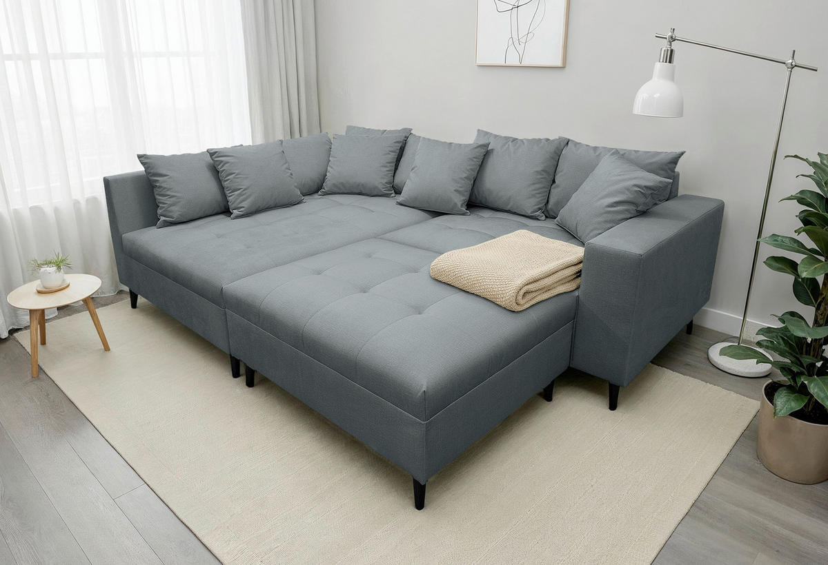 Ecksofa inkl. Hocker  in Mikrofaser Dunkelgrau  174/247 cm  - Dunkelgrau/Schwarz, Design, Holz/Textil (174/247cm) - MID.YOU