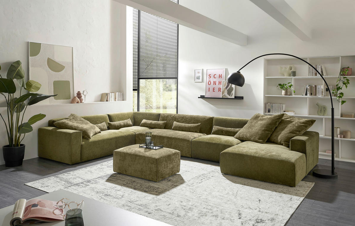 WOHNLANDSCHAFT Dunkelgrün, Olivgrün Chenille  - Dunkelgrün/Schwarz, KONVENTIONELL, Kunststoff/Textil (267/452/165cm) - SetOne by Musterring