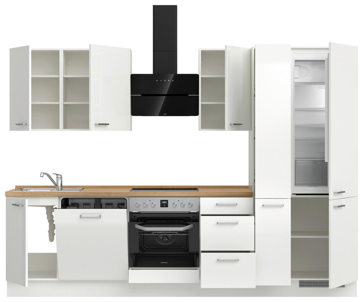 KÜCHENLEERBLOCK 300 cm   in Eichefarben, Weiß Hochglanz  - Edelstahlfarben/Eichefarben, MODERN, Holzwerkstoff/Metall (300cm) - Nobilia