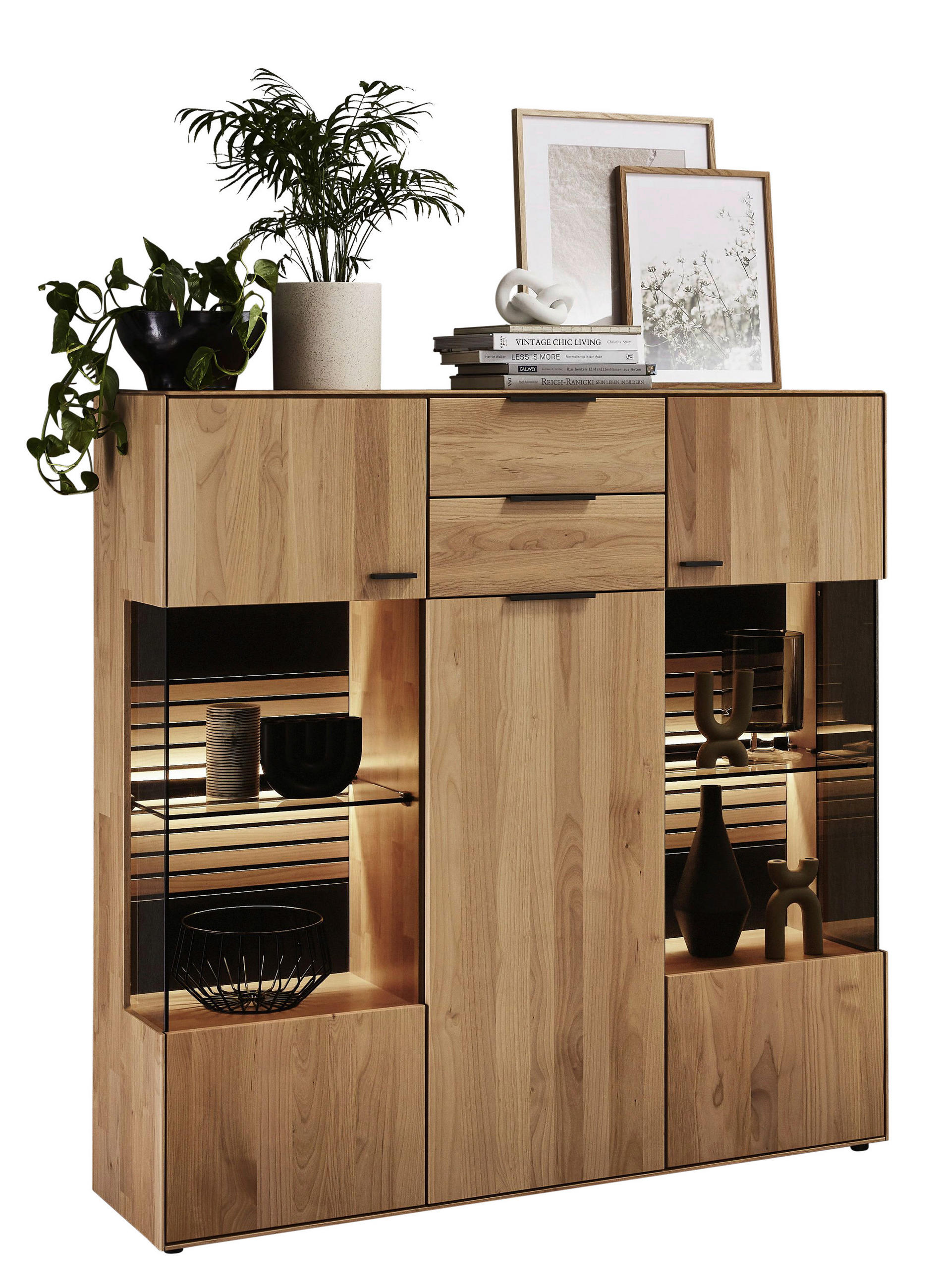 HIGHBOARD Erlefarben 136,9/138,3/37,1 cm - Dunkelgrau/Erlefarben, Natur, Glas/Holz (136,9/138,3/37,1cm) - Valdera