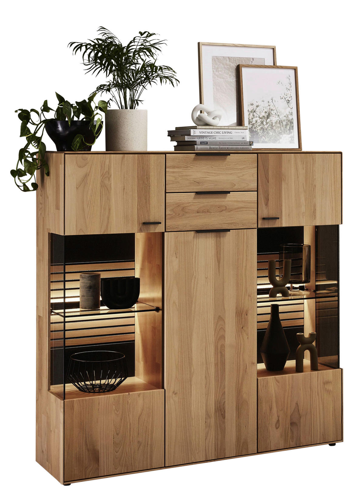 HIGHBOARD  in 136,9/138,3/37,1 cm  - Dunkelgrau/Erlefarben, Natur, Glas/Holz (136,9/138,3/37,1cm) - Valdera