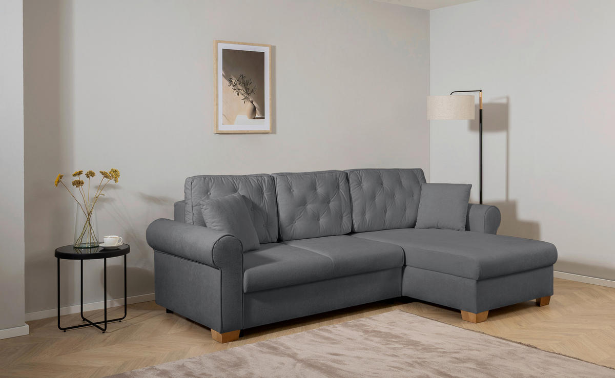ECKSOFA Arles Dunkelgrau  - Dunkelgrau/Buchefarben, Design, Holz/Textil (266/161cm) - MID.YOU