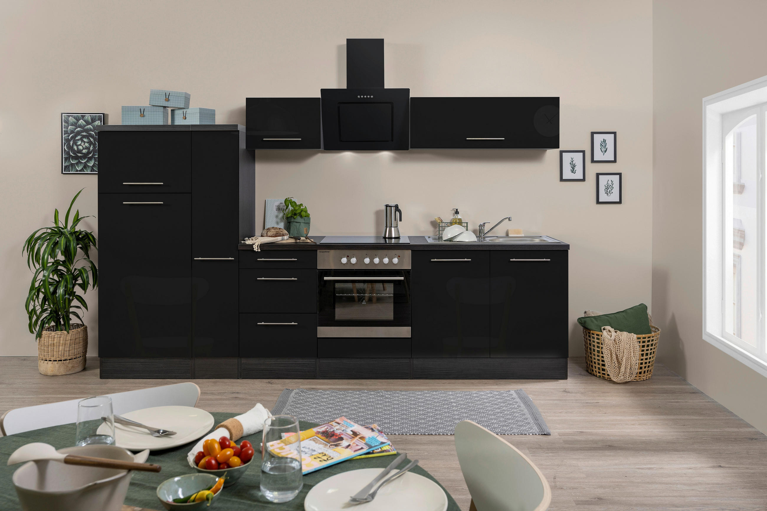 KÜCHENBLOCK 300 cm   Eichefarben, Schwarz  - Edelstahlfarben/Eichefarben, Basics, Holzwerkstoff/Metall (300cm) - Respekta