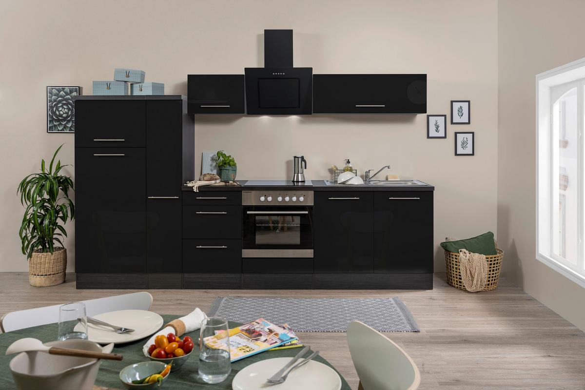 KÜCHENBLOCK 300 cm   Eichefarben, Schwarz  - Edelstahlfarben/Eichefarben, Basics, Holzwerkstoff/Metall (300cm) - Respekta