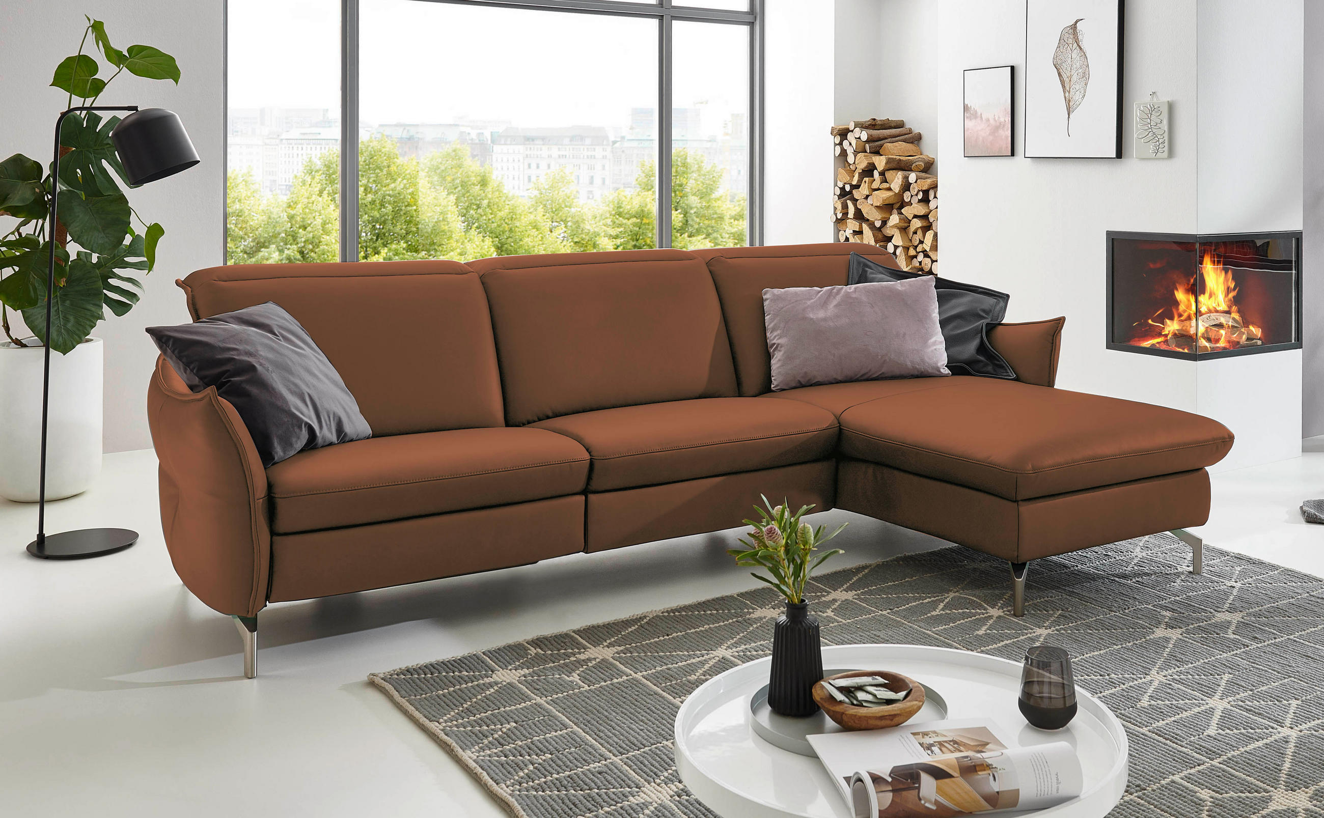 ECKSOFA Cognac Lederlook (vegan)  - Cognac/Nickelfarben, MODERN, Textil/Metall (233/179cm) - Livetastic
