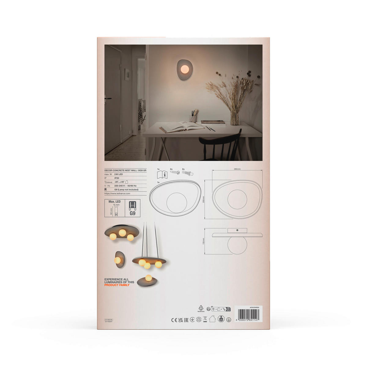 WANDLEUCHTE 20/13,5/26 cm   - Grau, Natur, Glas/Stein (20/13,5/26cm) - Ledvance