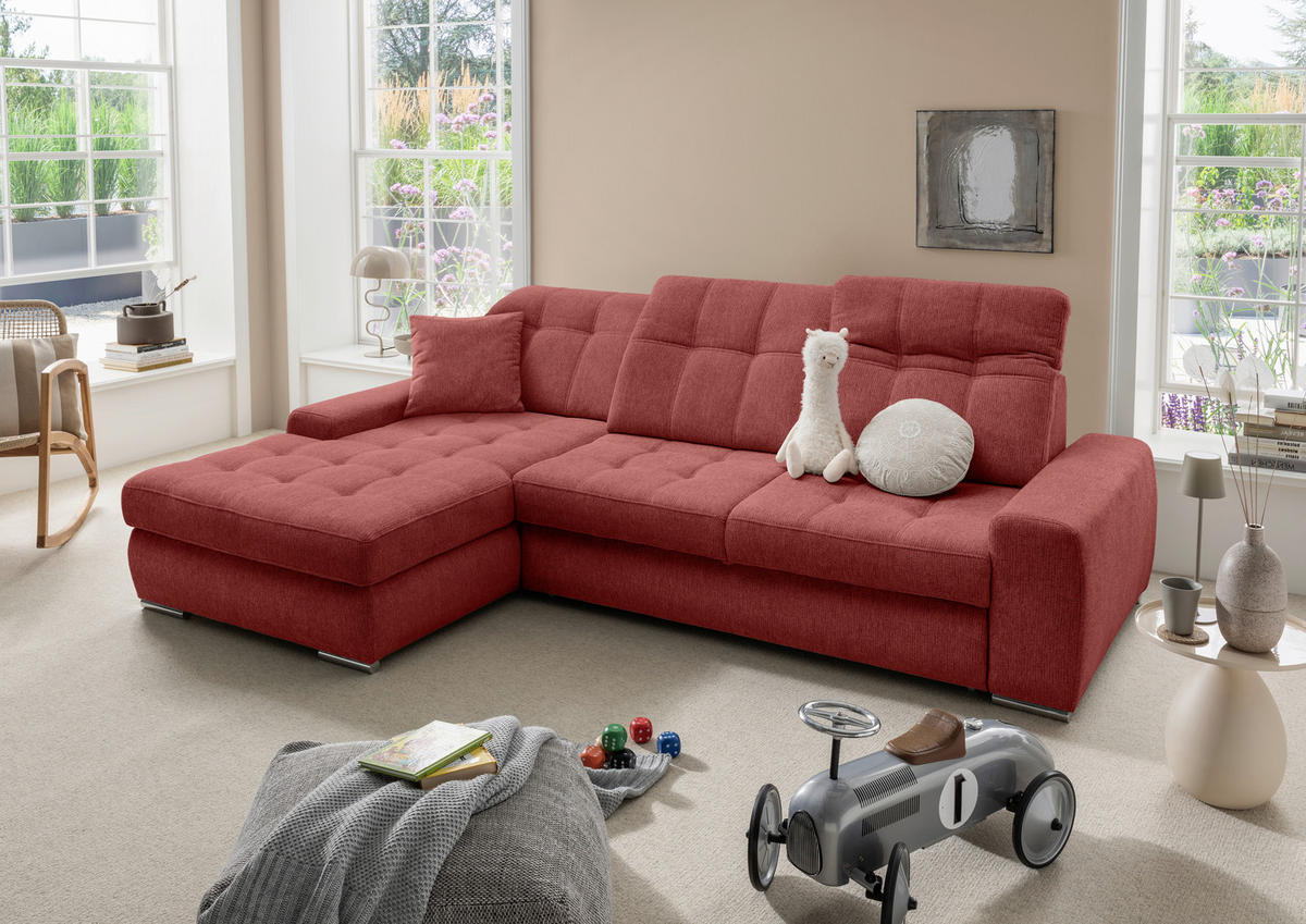ECKSOFA FRIDO in Chenille Rot  186/283 cm  - Chromfarben/Rot, KONVENTIONELL, Textil/Metall (186/283cm) - Livetastic