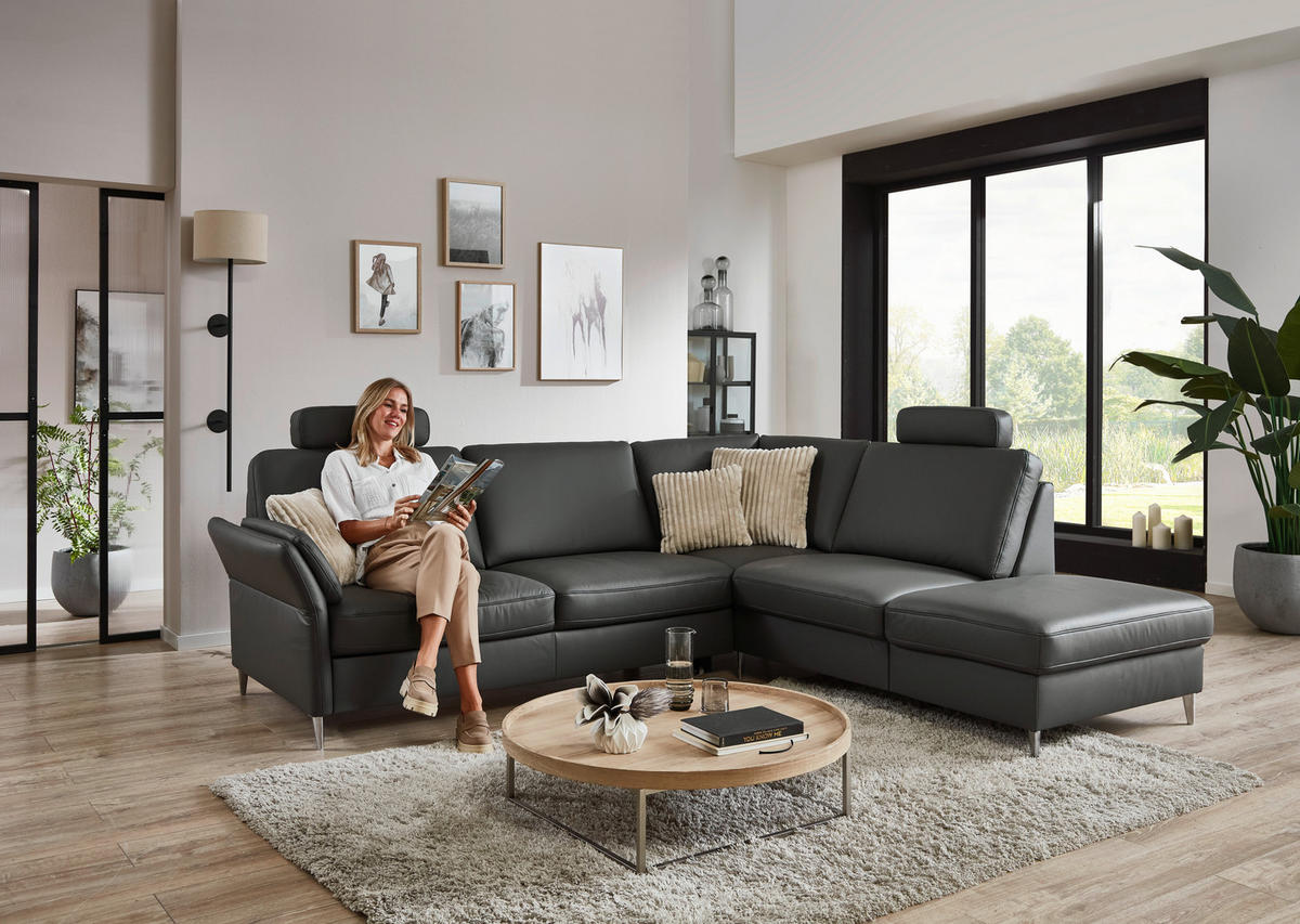 ECKSOFA Beldomo Premium in Echtleder Anthrazit  263/235 cm  - Anthrazit/Alufarben, KONVENTIONELL, Leder/Metall (263/235cm) - Beldomo Premium