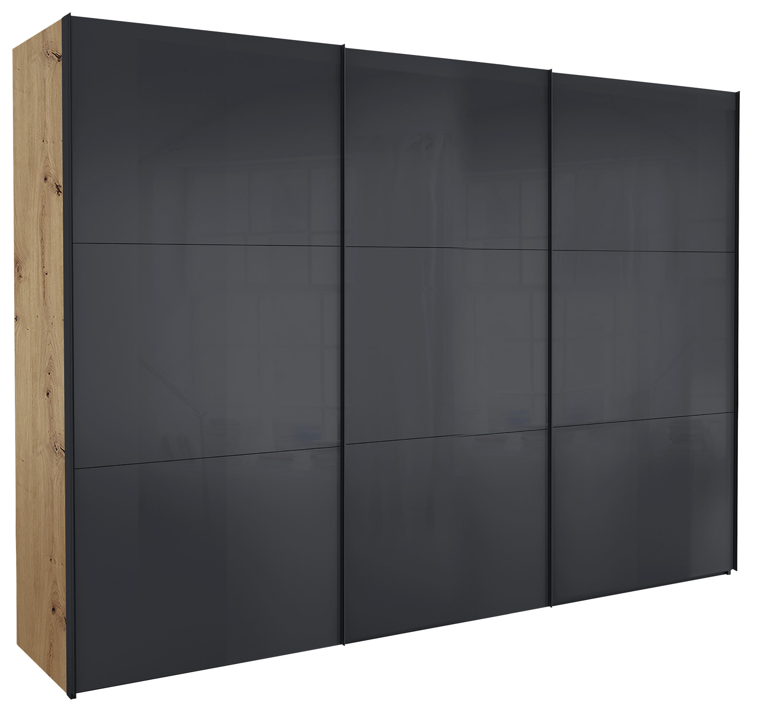 SCHWEBETÜRENSCHRANK 300/216/68 cm 3-türig - Dunkelgrau/Schwarz, KONVENTIONELL, Glas/Holzwerkstoff (300/216/68cm) - Hom`in