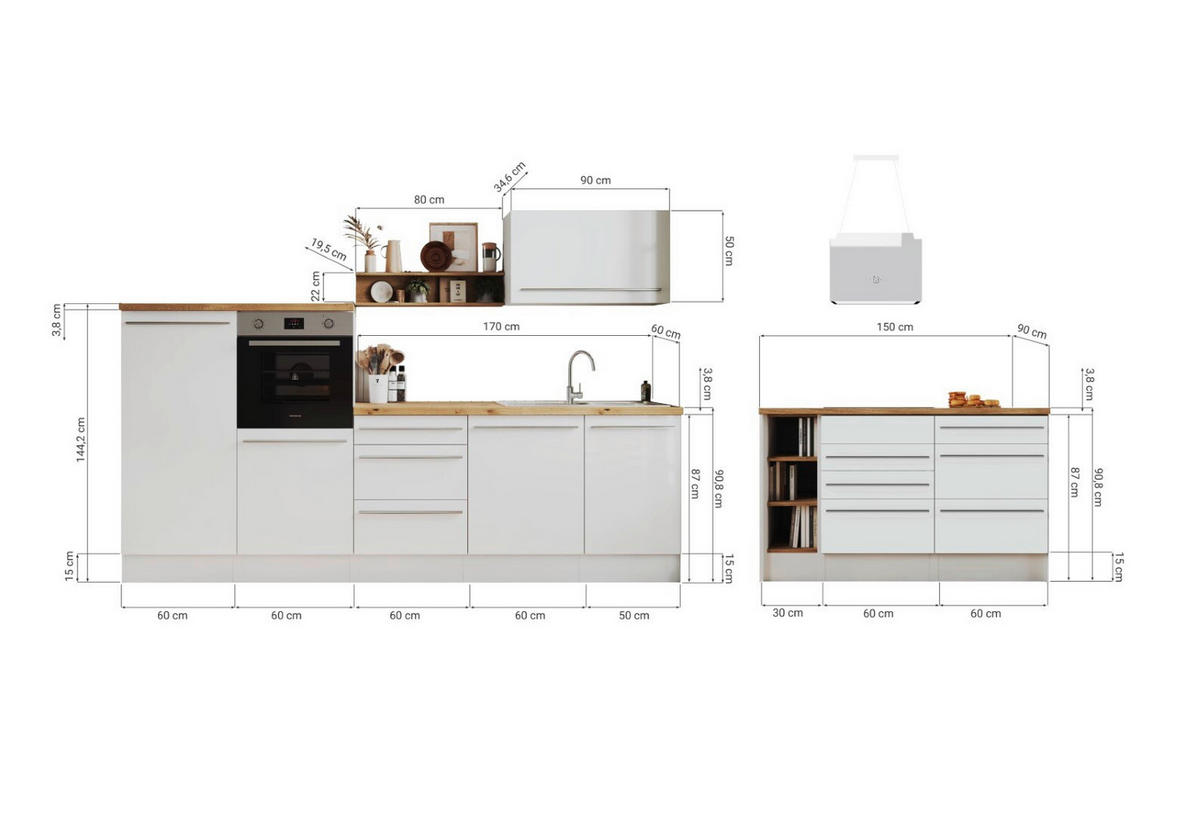 MODULKÖK 290-150 cm   i grå högglans  - stålfärgad/vit, Design, trämaterial/plast (290-150cm) - Respekta