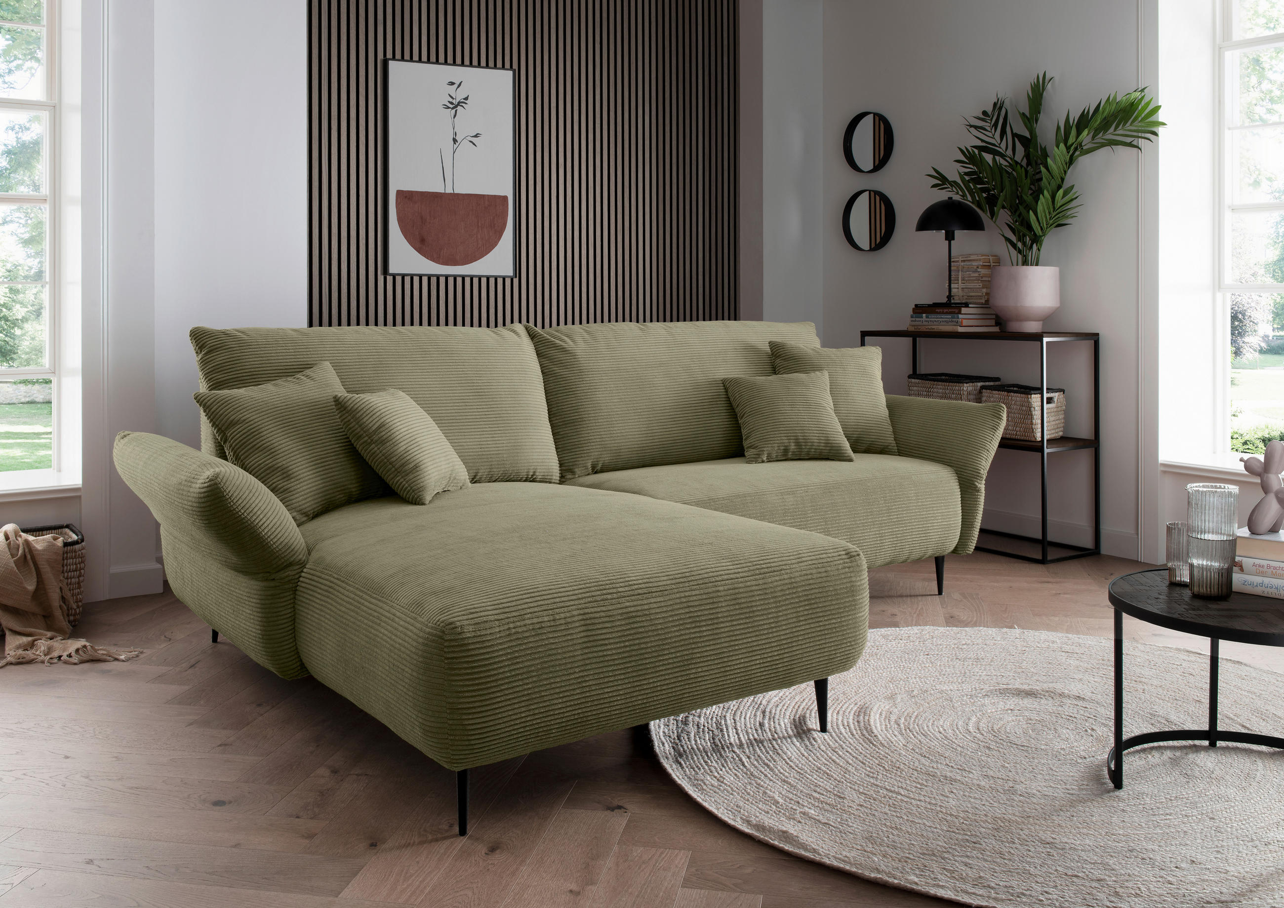 ECKSOFA Olivgrün Cord  - Schwarz/Olivgrün, Design, Textil/Metall (178/264cm) - Livetastic