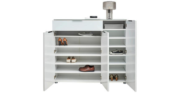SCHUHSCHRANK 135,6/117/40,5 cm - Weiß Hochglanz/Alufarben, Design, Glas/Holzwerkstoff (135,6/117/40,5cm) - Voleo