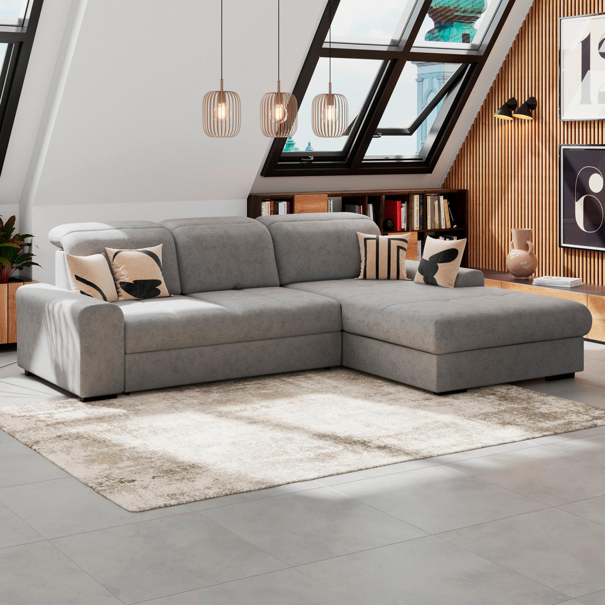 ECKSOFA Grau Chenille Rücken echt, Kopfteilverstellung  - Schwarz/Grau, KONVENTIONELL, Holz/Textil (286/203cm) - MID.YOU