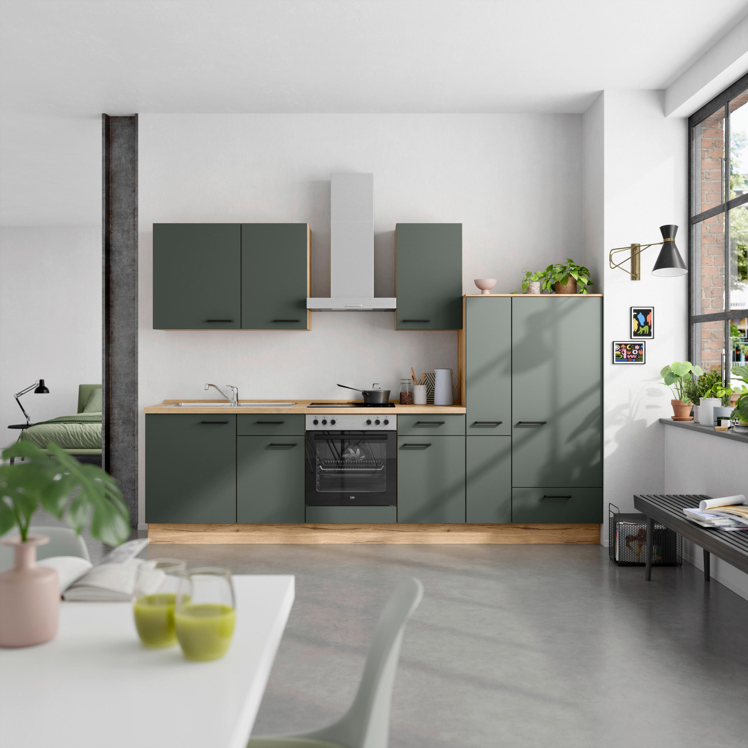 KÜCHENBLOCK 300 cm   in Eichefarben, Dunkelgrün  - Dunkelgrün/Eichefarben, MODERN, Holzwerkstoff/Metall (300cm) - Nobilia
