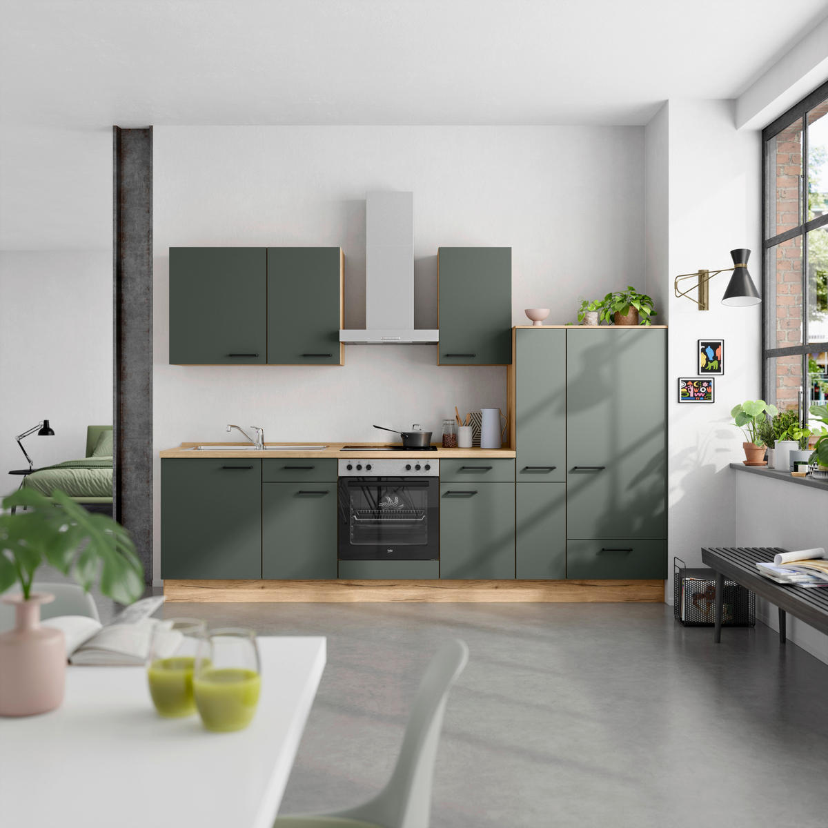 KÜCHENBLOCK 300 cm   in Eichefarben, Dunkelgrün  - Dunkelgrün/Eichefarben, MODERN, Holzwerkstoff/Metall (300cm) - Nobilia