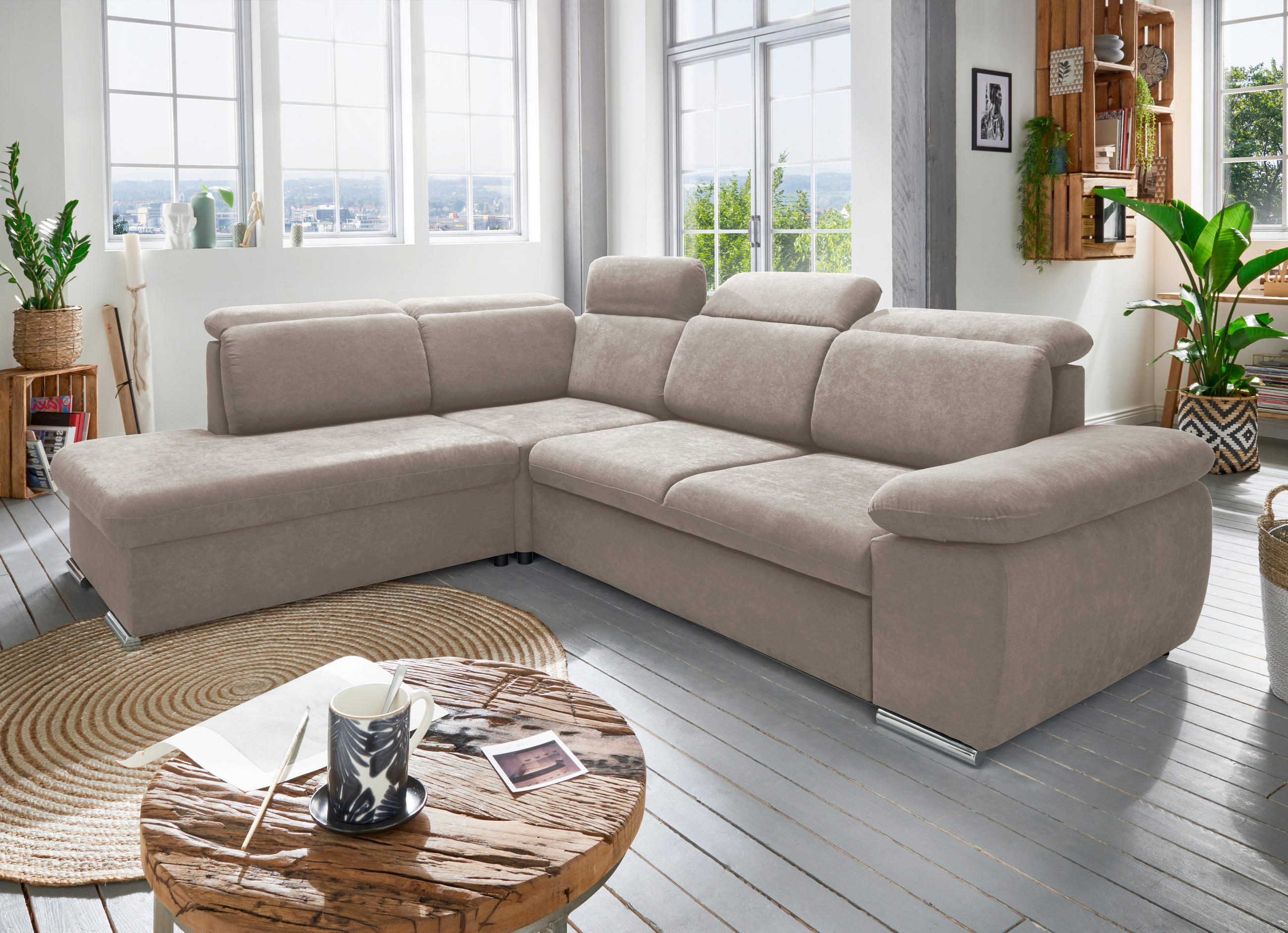 ECKSOFA in Mikrofaser Taupe - Taupe/Chromfarben, Design, Textil/Metall (228/283cm) - Livetastic