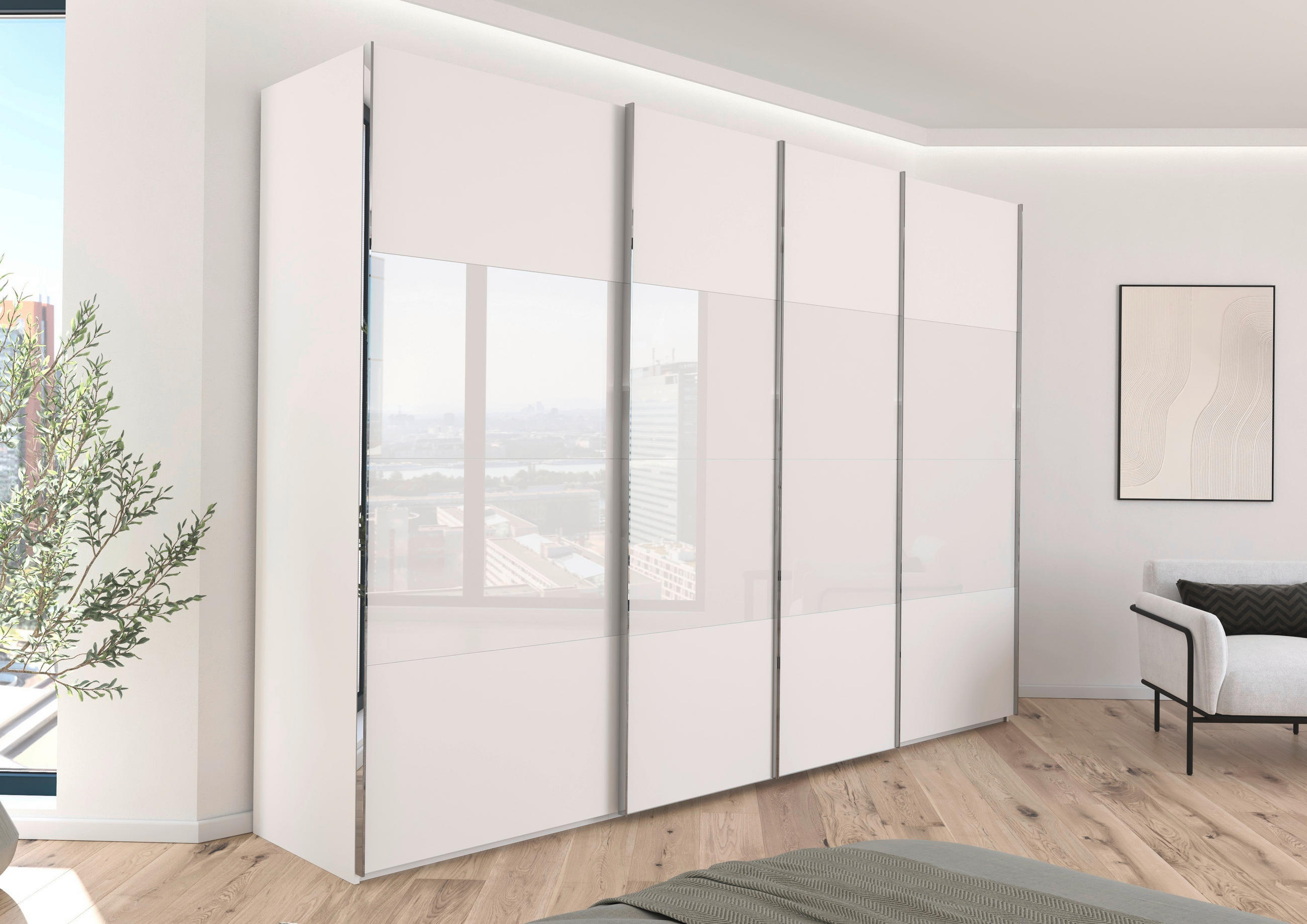 SCHWEBETÜRENSCHRANK 316/235/68 cm 4-türig Weiß  - Chromfarben/Weiß, KONVENTIONELL, Glas/Holzwerkstoff (316/235/68cm) - Novel