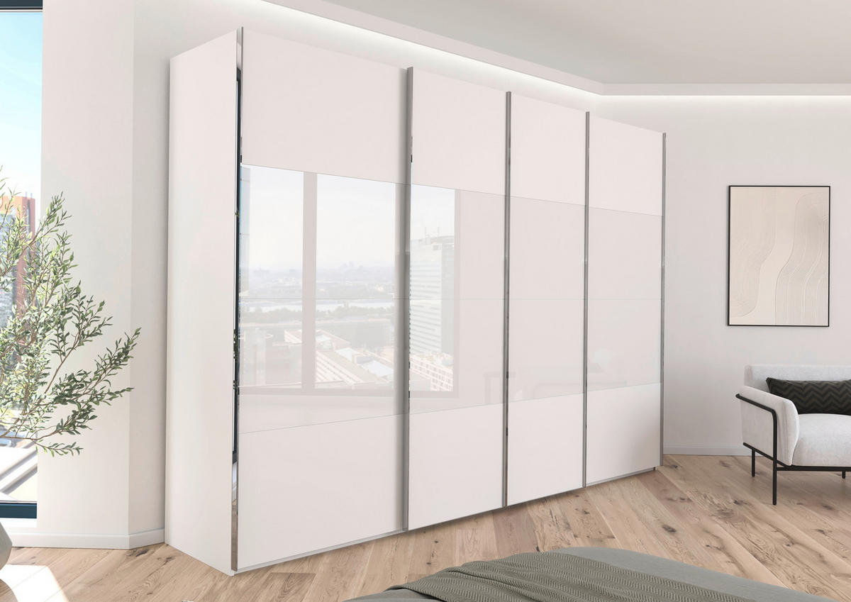 SCHWEBETÜRENSCHRANK 316/235/68 cm 4-türig Weiß  - Chromfarben/Weiß, KONVENTIONELL, Glas/Holzwerkstoff (316/235/68cm) - Novel