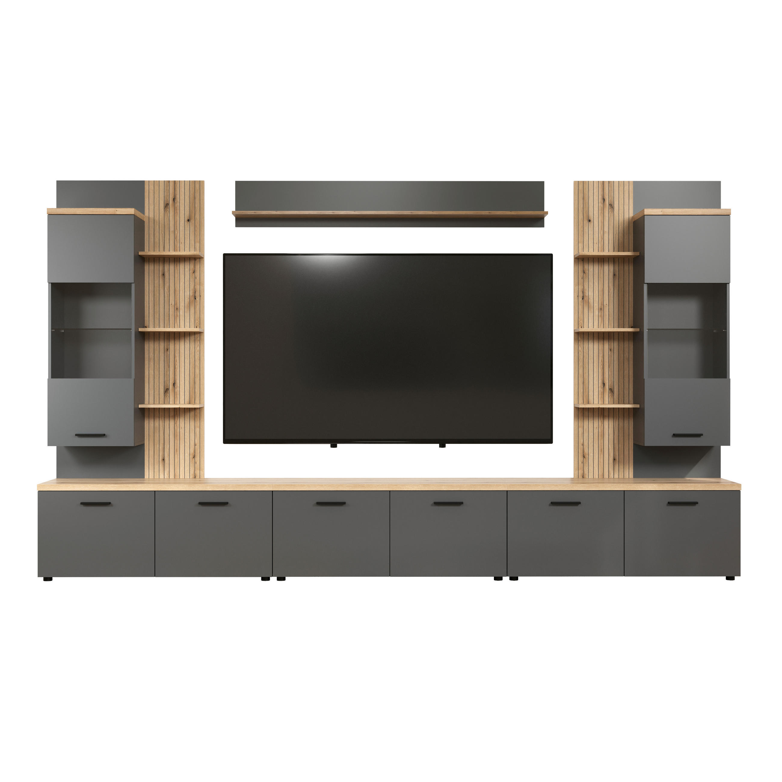 WOHNWAND 6-teilig  in Anthrazit, Eichefarben  360/212/40 cm  - Eichefarben/Anthrazit, Design, Glas/Holzwerkstoff (360/212/40cm) - MID.YOU