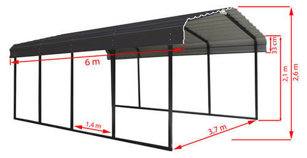 CARPORT 370/260/600 cm Stahl  - Grau, Basics, Metall (370/260/600cm) - Ambia Garden