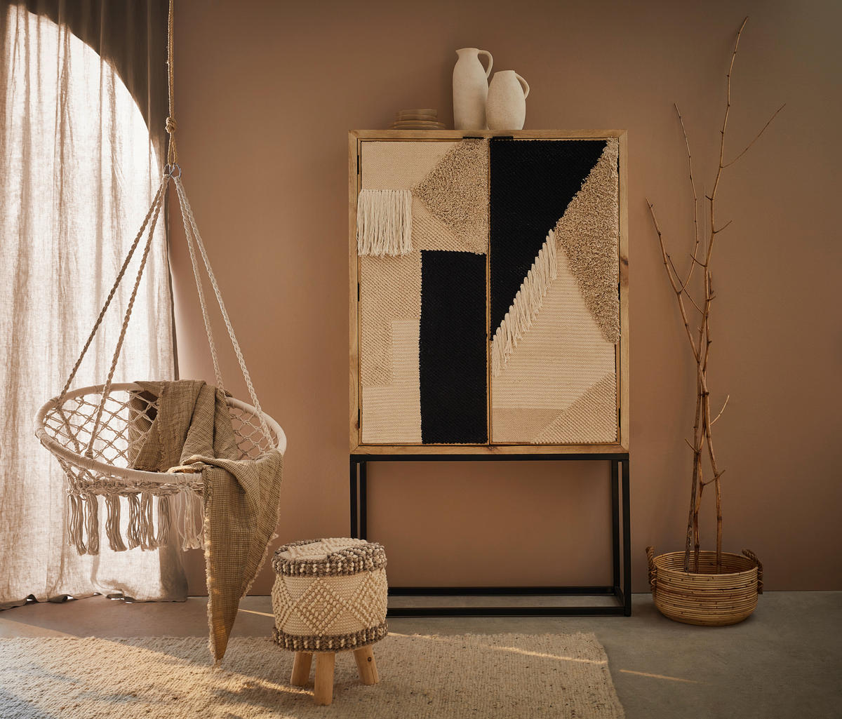 HOCKER Webstoff, Makramee Weiß, Beige, Hellbraun  - Hellbraun/Beige, Basics, Holz/Textil (30/42/30cm) - Livetastic