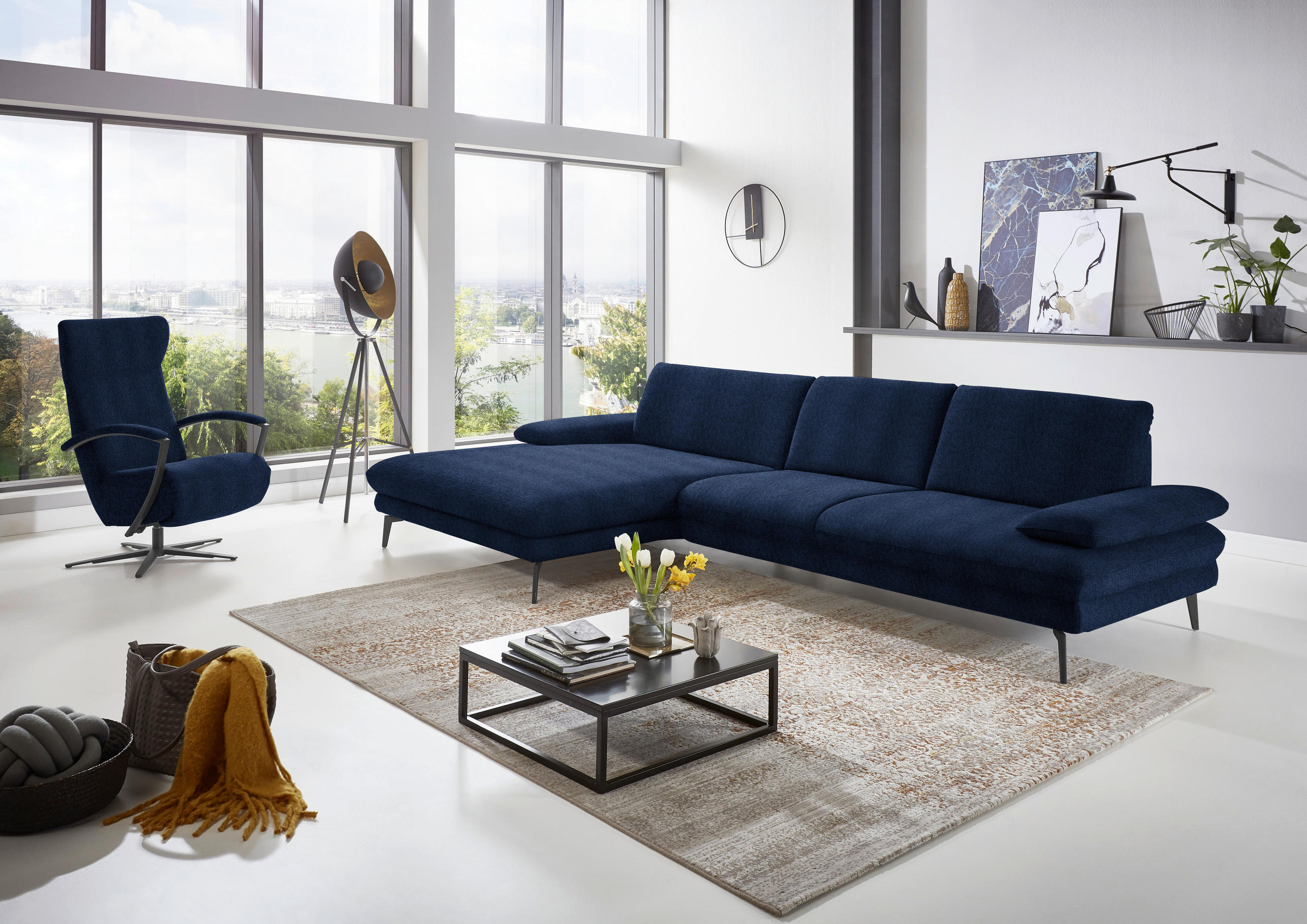 ECKSOFA in Chenille Dunkelblau  - Schwarz/Dunkelblau, Design, Textil/Metall (180/310cm) - Dieter Knoll