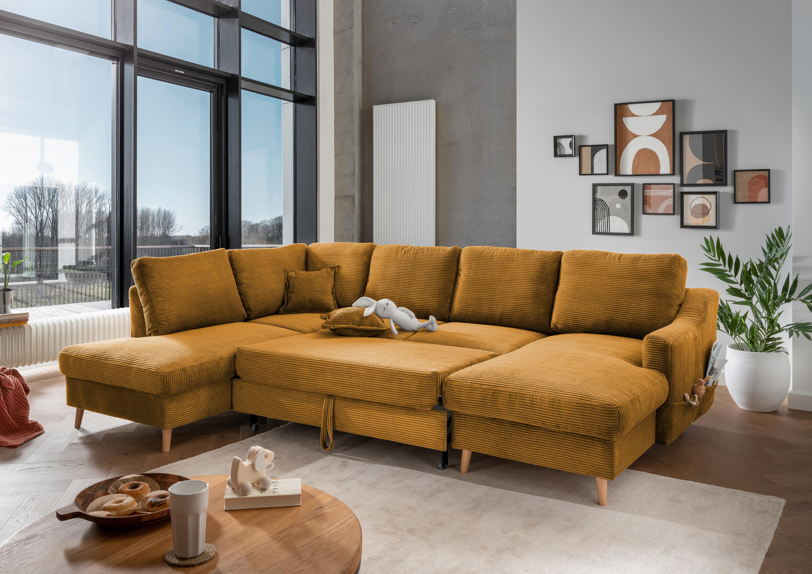 WOHNLANDSCHAFT in Cord Goldfarben - Goldfarben/Naturfarben, Konventionell, Holz/Textil (200/301/150cm) - P & B