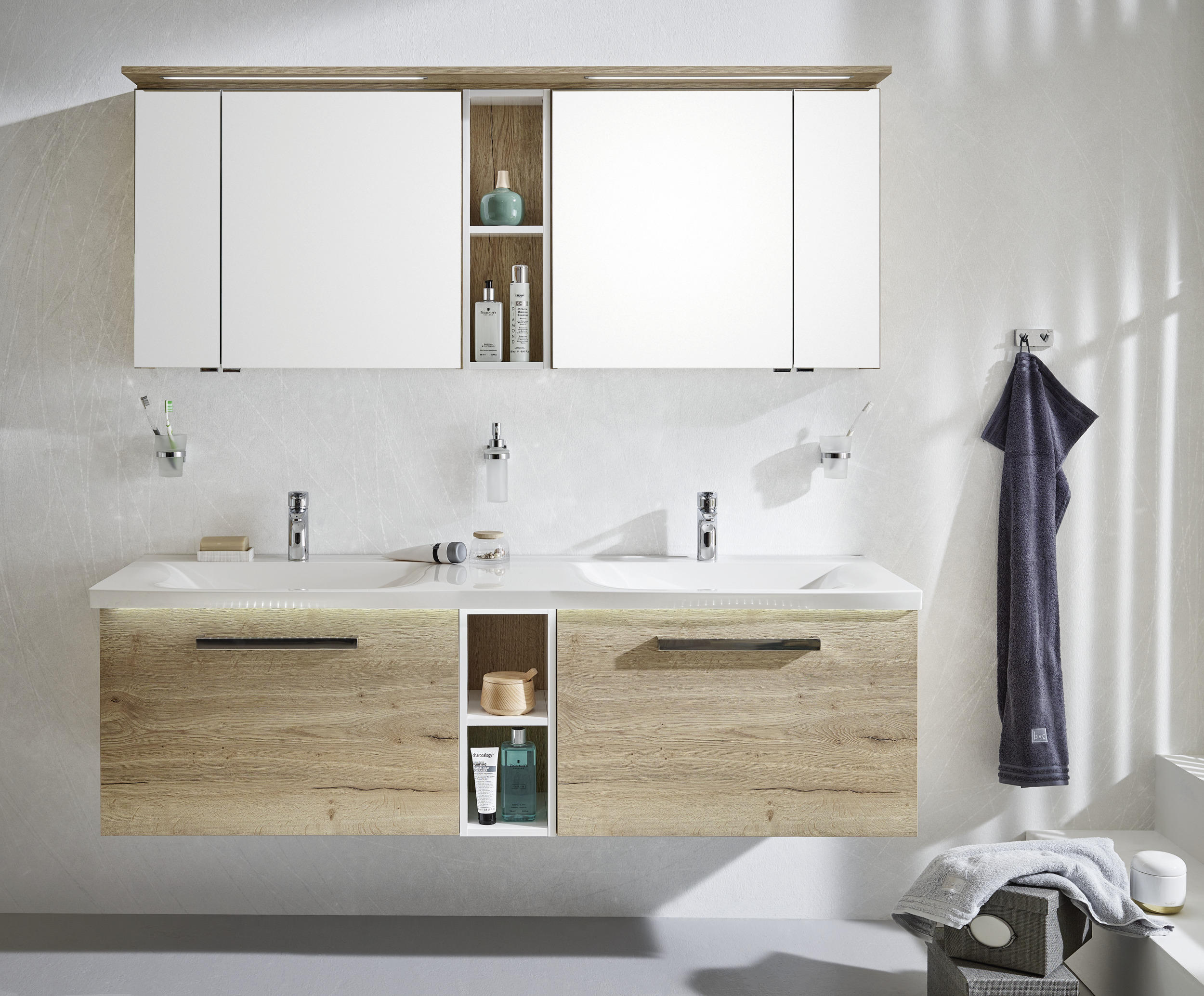 BADEZIMMER  in 170 cm  - Eichefarben/Weiß, Design, Glas/Holzwerkstoff (170cm)