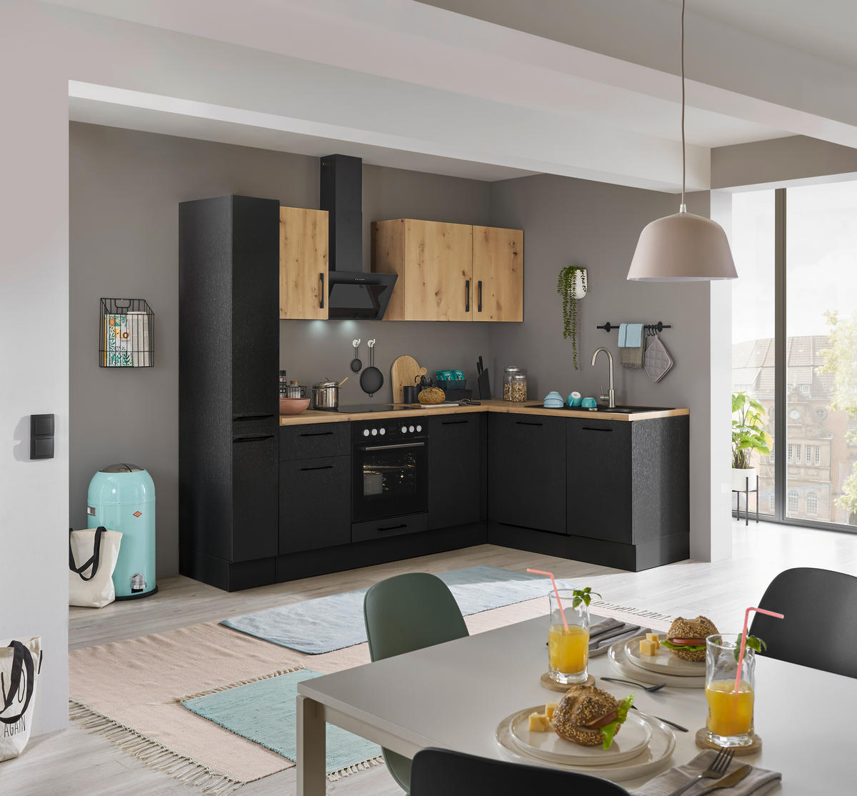 ECKKÜCHE 250/175 cm  in Schwarz, Eiche Artisan  - Schwarz/Eiche Artisan, Basics, Holzwerkstoff/Metall (250/175cm) - MID.YOU