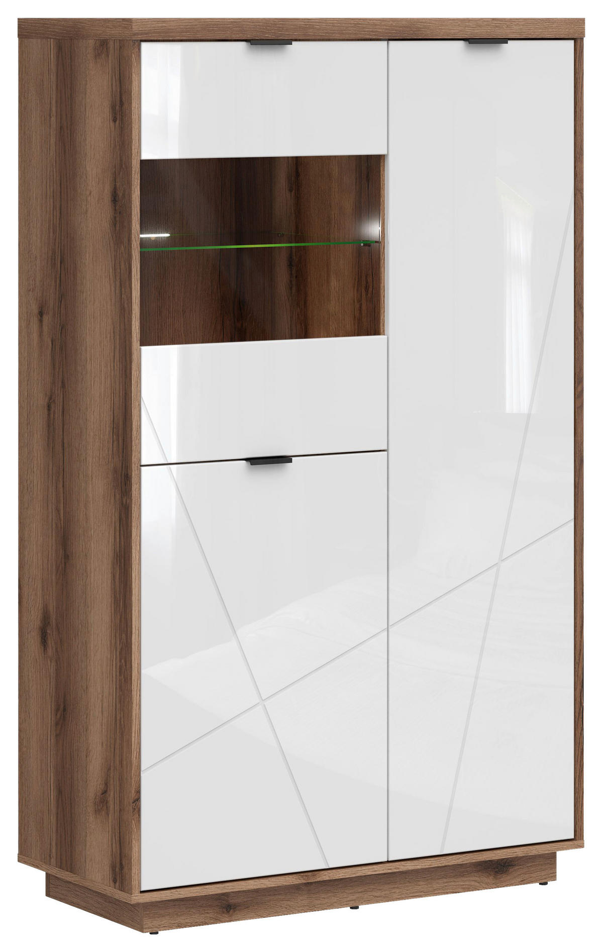 VITRIN tölgyfa, magasfényű fehér  - fekete/tölgyfa, Design, műanyag/faalapú anyag (94/157/42,5cm) - Venda
