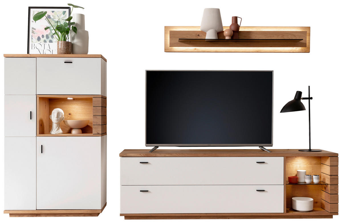 WOHNWAND 3-teilig  in Weiß, Wildeiche  315/181/50 cm  - Wildeiche/Anthrazit, Design, Glas/Holz (315/181/50cm) - Novel