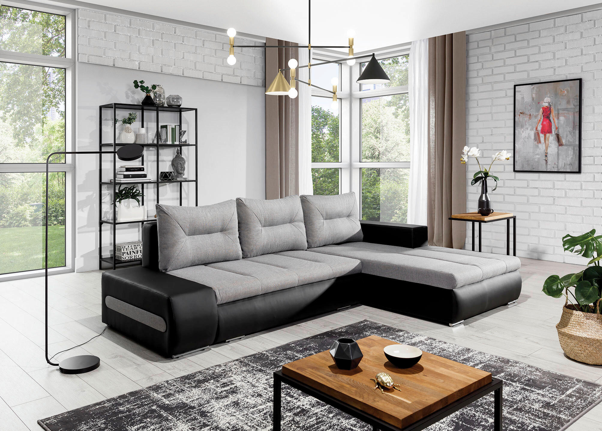 ECKSOFA Schwarz, Hellgrau Webstoff  - Chromfarben/Hellgrau, Design, Textil/Metall (275/180cm) - MID.YOU
