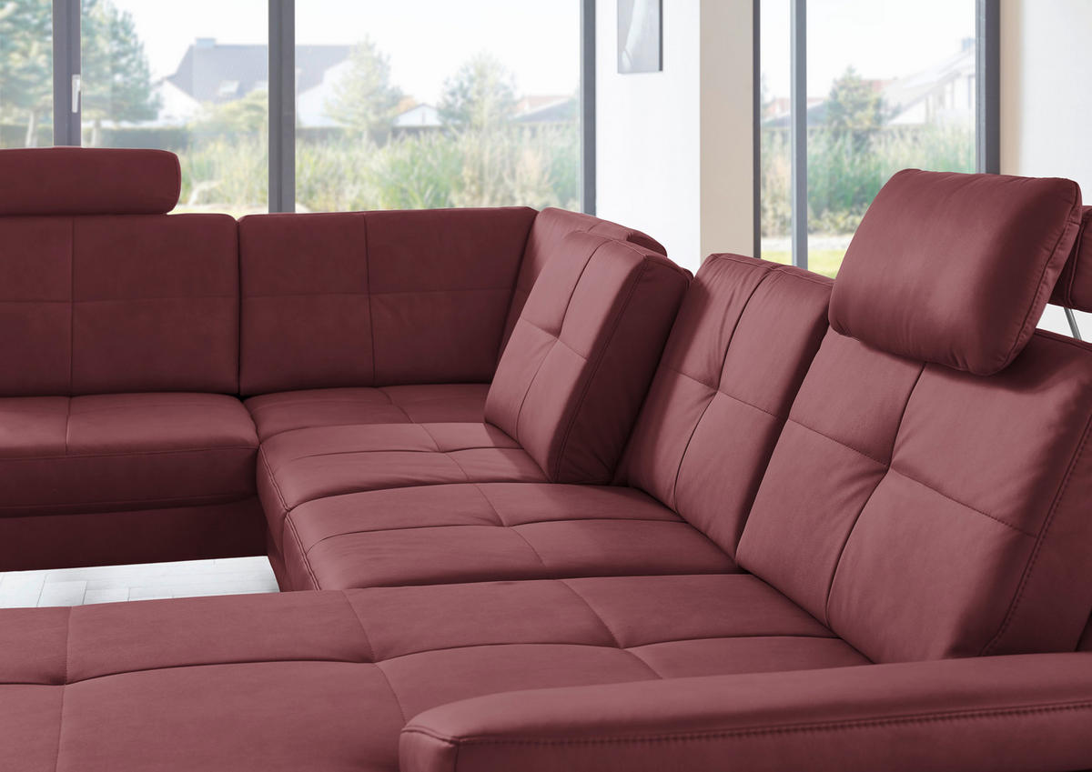 WOHNLANDSCHAFT in Lederlook, Mikrofaser Bordeaux  - Bordeaux/Schwarz, Design, Textil/Metall (220/345/179cm) - Beldomo System
