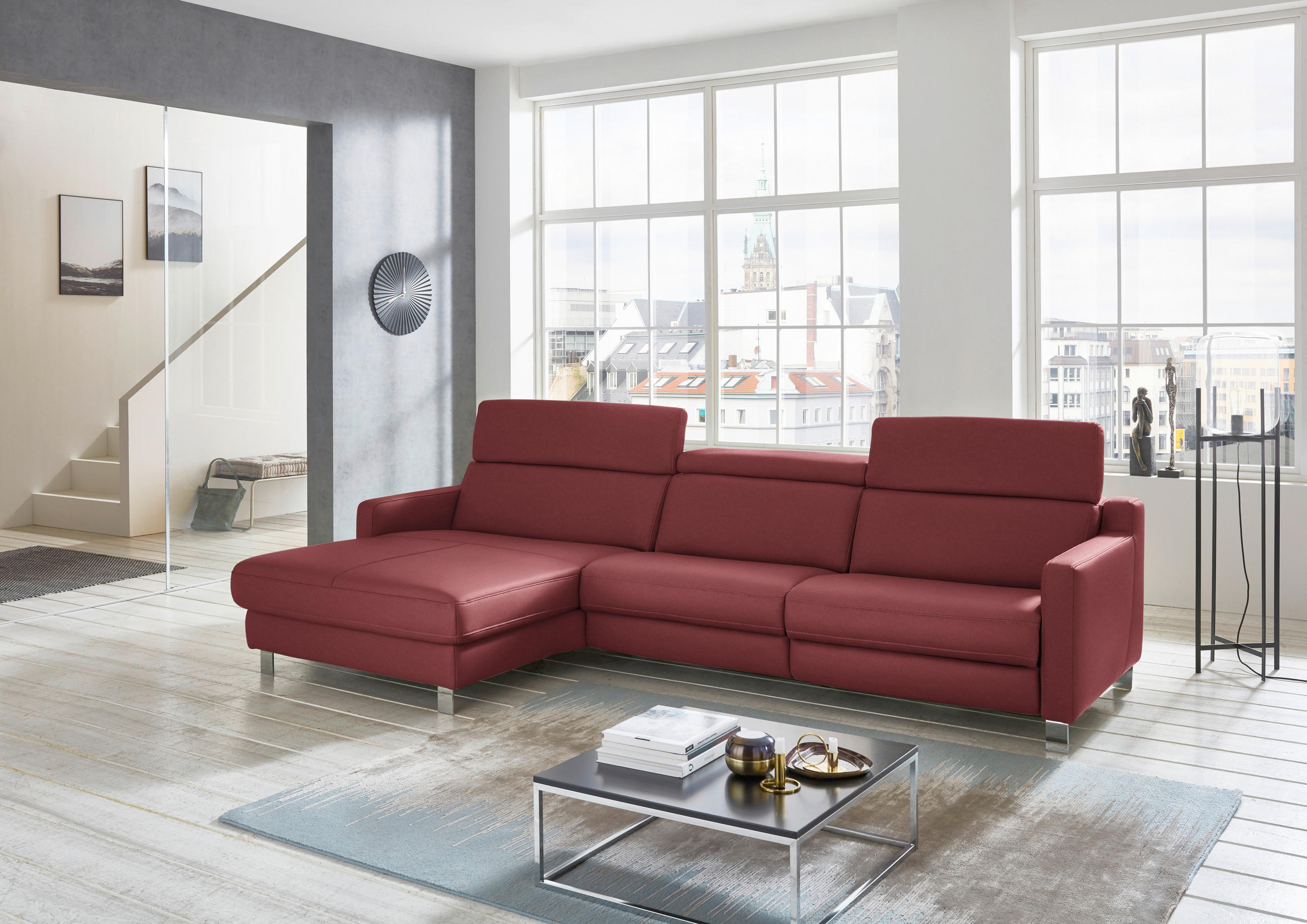 ECKSOFA in Echtleder Dunkelrot  - Chromfarben/Dunkelrot, Design, Leder/Metall (176/291cm) - Valdera