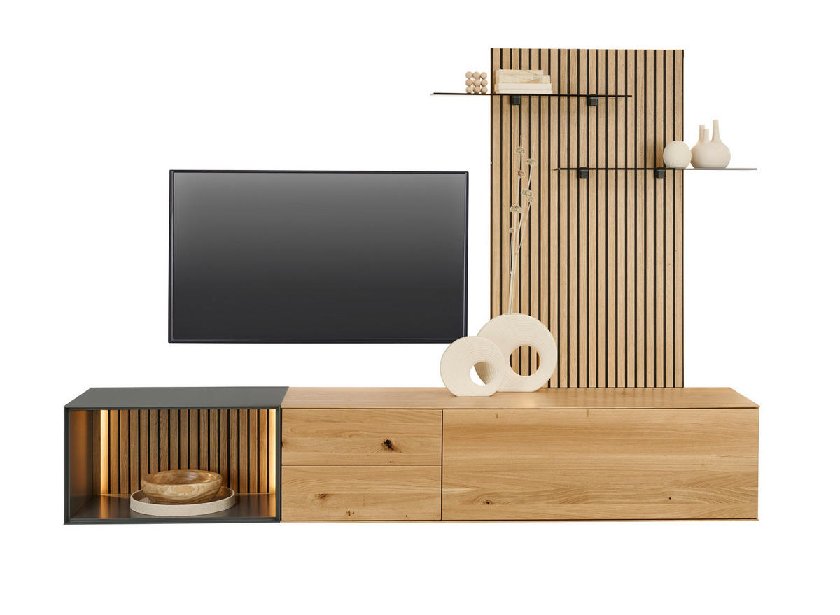 WOHNWAND 3-teilig  in Anthrazit, Eichefarben  261/160/50 cm  - Eichefarben/Anthrazit, Design, Glas/Holz (261/160/50cm) - Dieter Knoll