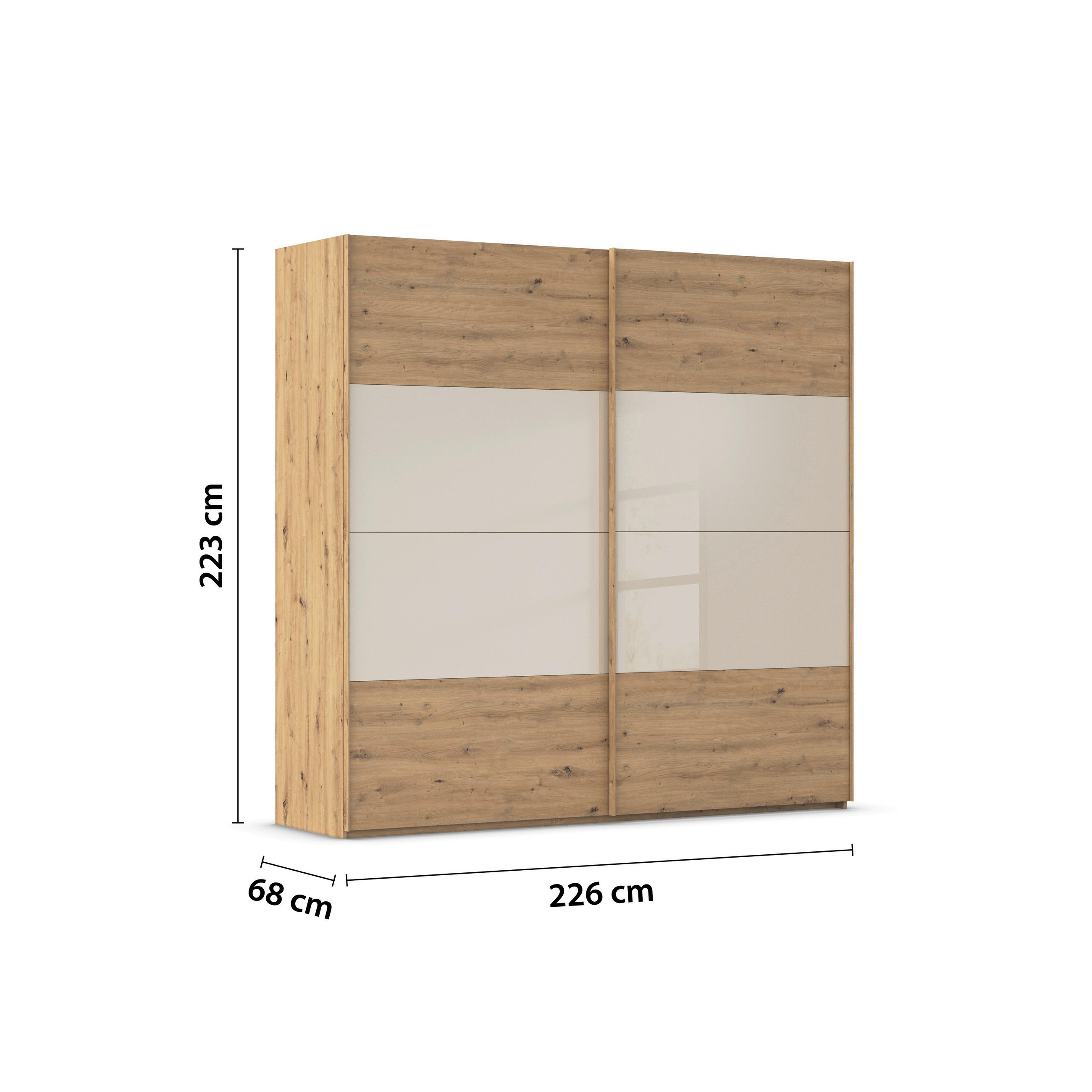 SCHWEBETÜRENSCHRANK 226/223/68 cm 2-türig Champagner, Eiche Artisan  - Champagner/Eichefarben, Design, Glas/Holzwerkstoff (226/223/68cm) - Xora