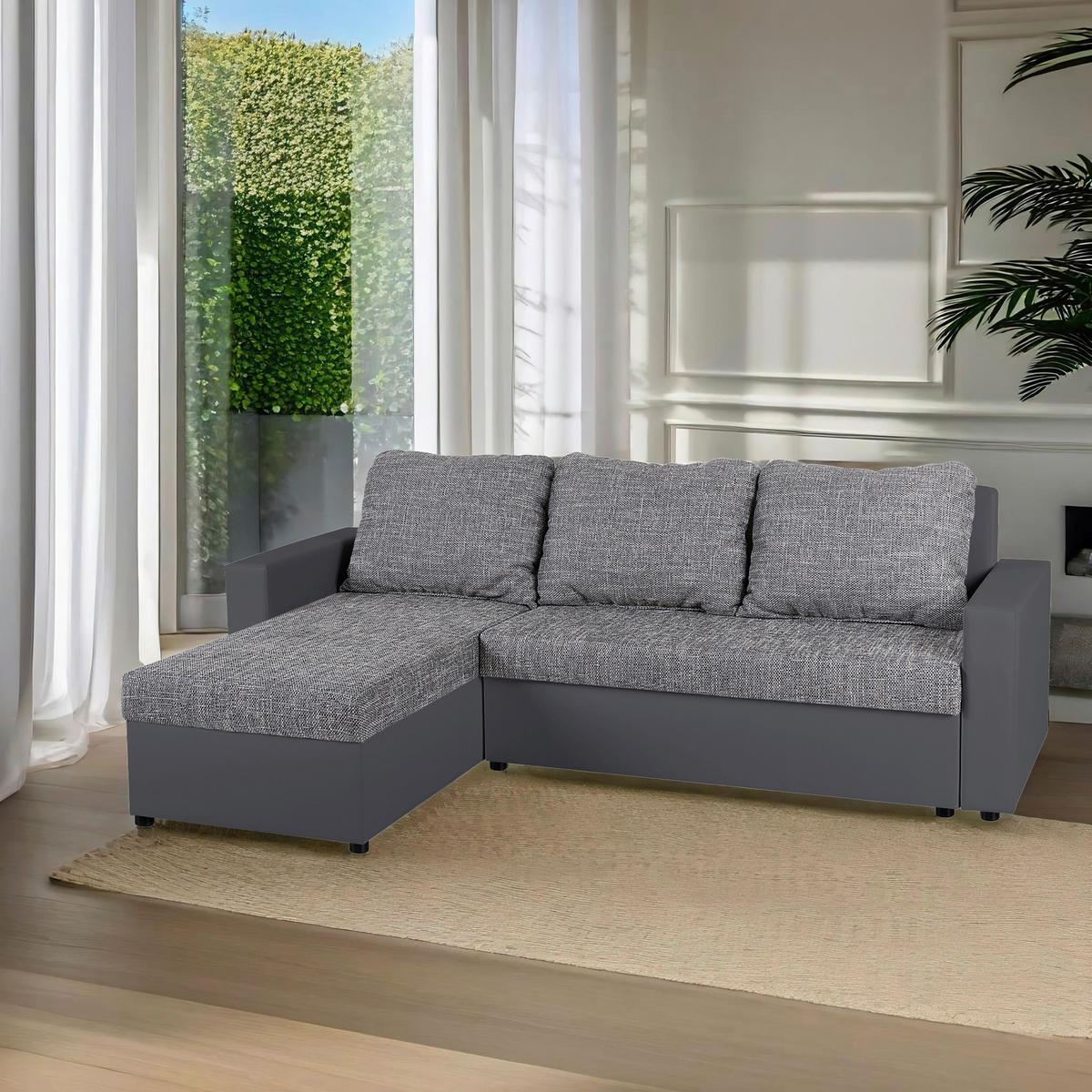 ECKSOFA Grau Lederlook, Webstoff  - Schwarz/Grau, Design, Kunststoff/Textil (147/228cm) - P & B