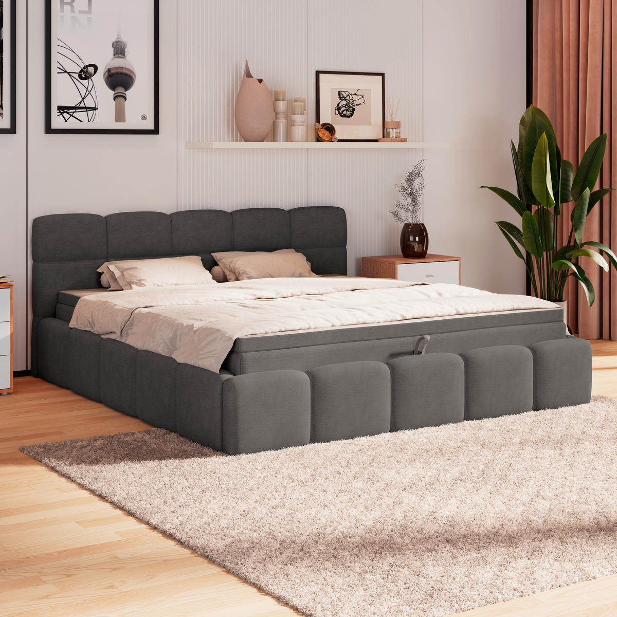 POLSTERBETT 160/200 cm,  in Anthrazit, Matratze, Bettkasten, H3 = fest  - Anthrazit/Schwarz, Trend, Kunststoff/Textil (160/200cm)
